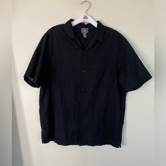 H&M Men’s Black Casual Button Down Shirt Linen blend size Large - Picture 1 of 6